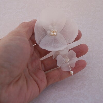 Garden Wedding Earring, Dangle EarringFabric Flower Earrings, Silk Flower Earrings, Silver White Flower Earrings, Pearl Floral Earrings - image2